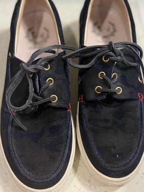 Del Toro Navy Suede Camouflage Boat Shoes with Gold Eyelets